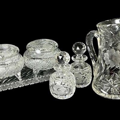 Vintage Cut & Etched Glass Dressing Table Set with Perfumes, Puff Box, Hair Receiver, Tray, Pitcher 