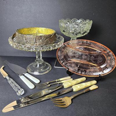 Vintage Holland Ware Repousse Handled Dish, Moon & Stars Compote, Mother Of Pearl Handled Servers