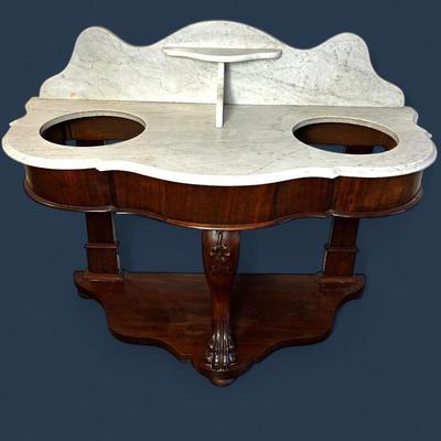 Antique Marble Top Mahogany Paw Foot Serpentine Washstand - 51x21x38"