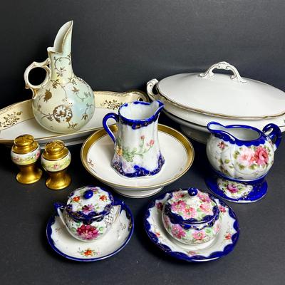 Vintage Gold, Cobalt & Floral Accented Porcelain Tableware
