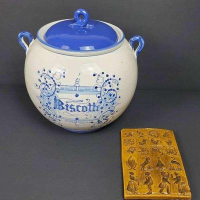 J. Peterman Co. Blue & White Biscotti Cookie Jar & Wax Springerie Mold