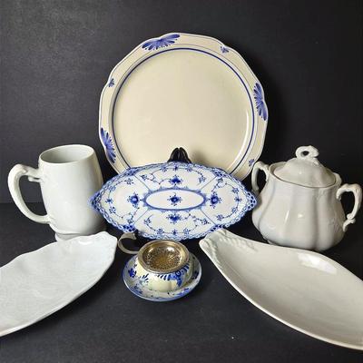 Blue & White Porcelain & Ironstone: Royal Copenhagen Blue Fluted, Dragon Handle Bavarian Stein, More