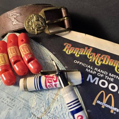 Vintage Superman Belt, 40's Pepsi Fountain Pen, 50's Oscar Meyer Whistles, 60's McDonalds Space Map