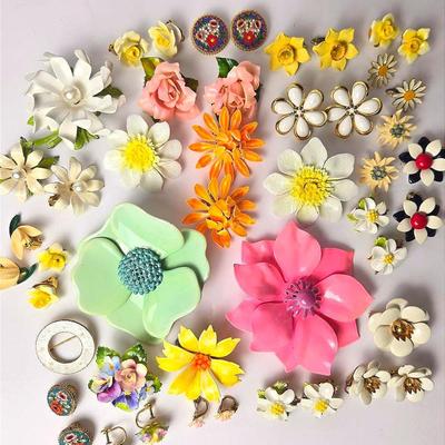 Vintage Flower Clip Earrings & Brooches: Enamel, Mosaic, Porcelain, More