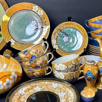 Vintage Japanese Lusterware Tea Set & Serving Ware In Orange, Blue, Gold & Black