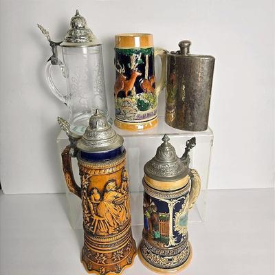 Vintage German Steins, Including Musical & Hammered Flask