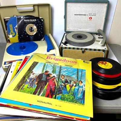 Vintage Portable Suitcase Record Players from Columbia (M2100) & Fisher Price, Plus Records