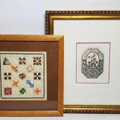 Signed Artist Proof Floral Print & Hand Crafted Cross Stitch, Framed 12.5x11.5" & 10x10"