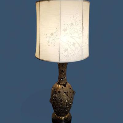 Vintage Large Openwork Brass Chrysanthemum Table Lamp With Textured Silk Screened Lampshade-  1 Of 2