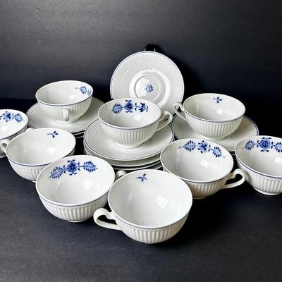 Royal Copenhagen Blue Fluted Mega Teacups & Saucers