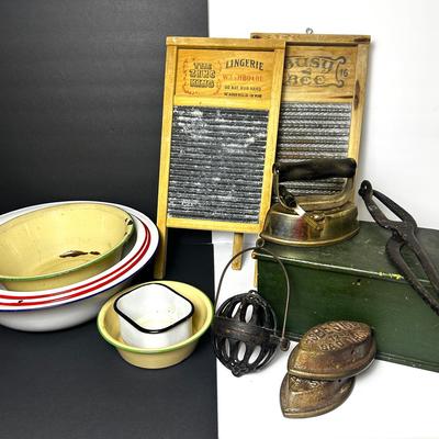Vintage Sad Irons, String Holder, Enamel Basins, Washboards 