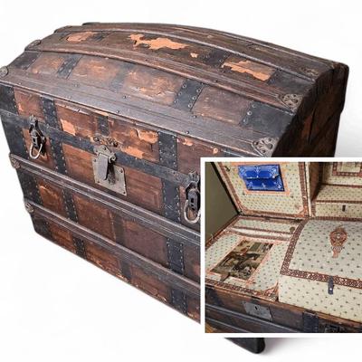 Antique Dome Top Steamer Trunk wtih Original Decorative Paper Liner- 30x19x26"