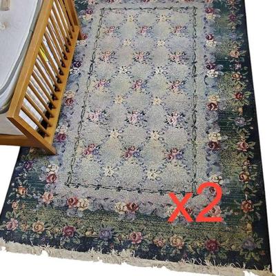 Rose Motif Green & Pink Area Rugs (2) - 5'3"x7'7"