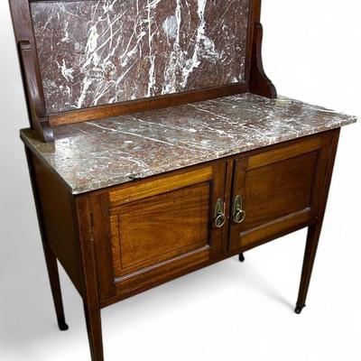 Antique Red Marble Top Mahogany Washstand With Wood Inlay - 36x18x49.5"