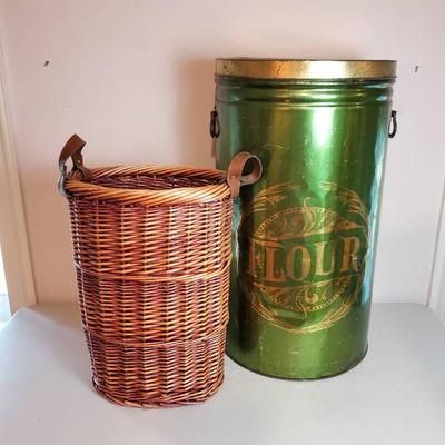 Vintage Large Tin Flour Bin & Woven Basket