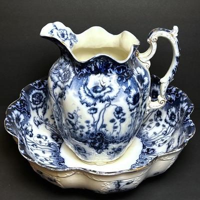 Antique Flow Blue Pitcher & Wash Basin Set 