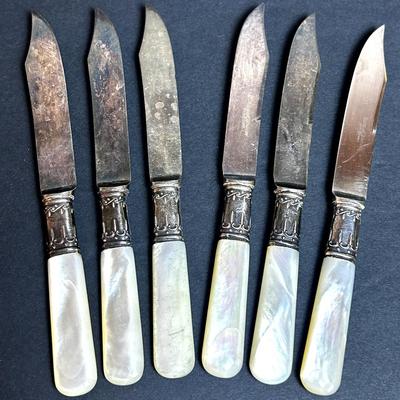 Antique Sterling Silver Fruit Knives With Mother Of Pearl Handle (6) - 6 1/8" Long