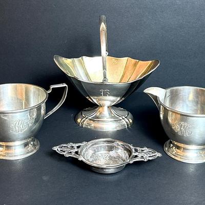 Sterling Silver Cream & Sugar, Sweetmeat Basket, Tea Strainer