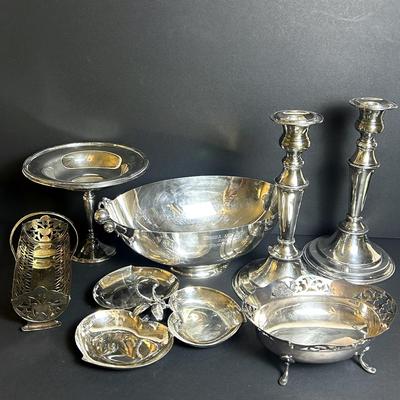 Silver Plate Tableware: Waterford Pedestal Dish, Webster Wilcox Bowl, Poston Candlesticks & More