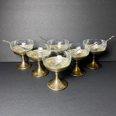 Sterling Silver Sherbet Cups With Glass Inserts & 835 Silver Rose Demitasse Spoons - 6 Each