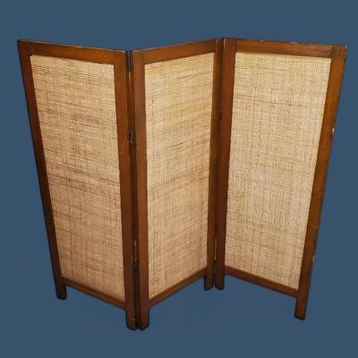 Vintage Low Tri-Panel Burlap & Wood Screen - 3'8" High