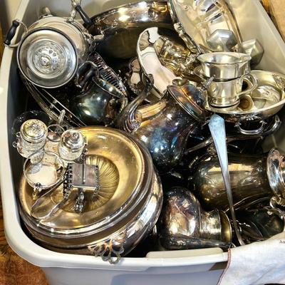 Silver Plate - Large Tote Full  - Tea & Coffee Pots, Serving Bowls, Platters & More