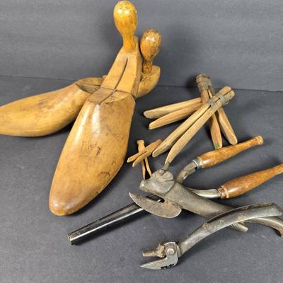 Vintage Shoe Forms, Clothes Pins, Bull Head Can Opener, Curling Iron