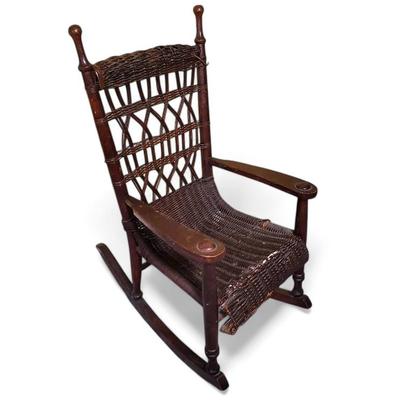 Antique Child's Woven Wicker Rocking Chair with Turned Wood Frame - 15x21.5x27.5"