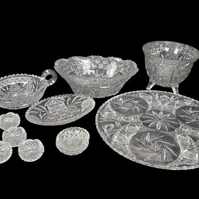Vintage Pressed & Cut Glass – Bowls, Relish, Tray & Salts