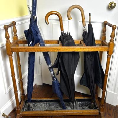 Vintage Oak Umbrella Stand W/ Umbrellas - (29x10.5x31.5)