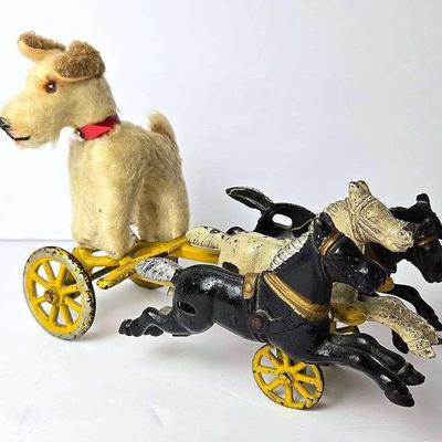Vintage Steiff Mohair Fox Terrier & Cast Iron Horses