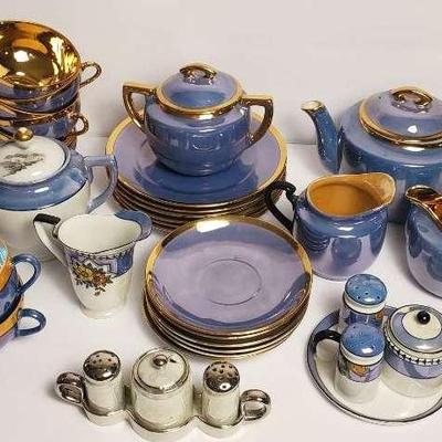 Vintage Japanese Lusterware Tea Set & More In Blue, Gold & White