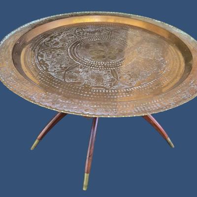 Mid Century Engraved Brass Tray Table with Folding Spider Legs - 31.75" Dia, 18.5" High