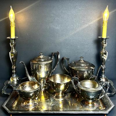 Vintage Bernard Rice's Sons Apollo Hammered Silver Plate Tea & Coffee Set & Electric Candlesticks