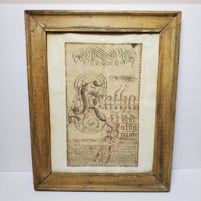 Antique Fraktur Calligraphy Art Dated 1798, Framed 20x16"