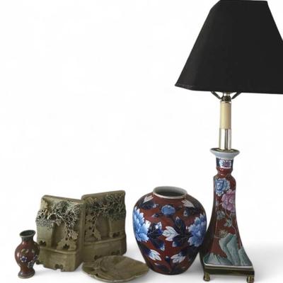 Asian Decor: Carved Soapstone Bookends, Ceramic Lamp, Small Cloisonne Vase
