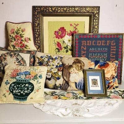 Needlepoint & Crewel Embroidery: Pillow Covers, Bell Pull, Some Framed