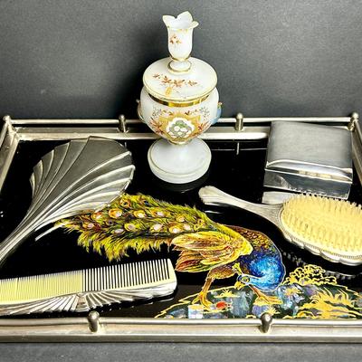 Vintage Bohemian Enameled Opaline Glass Urn, Art Deco Vanity Set, Reverse Painted Peacock Tray
