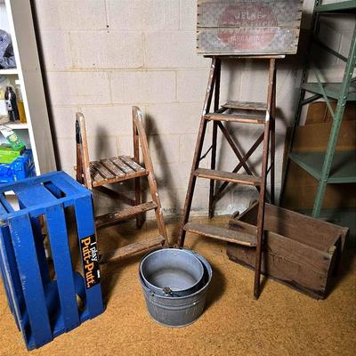 Vintage Wooden Crates & Stepladders & Galvanized Buckets