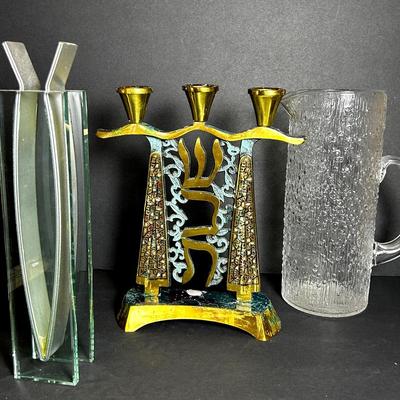 Modern Ribbon Vase (11”H), Judaica Enamel & Brass Candle Holder, Littala Hoopla Glass Pitcher