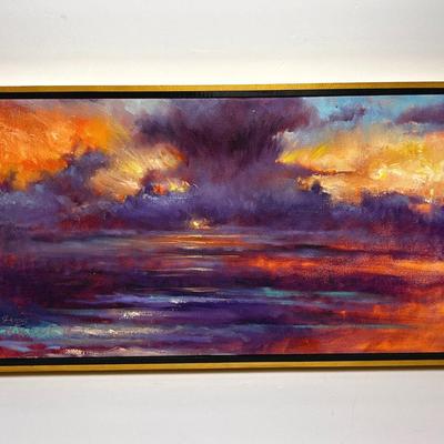 Original Signed Seascape Painting on Canvas, Framed 10.5x18.5”