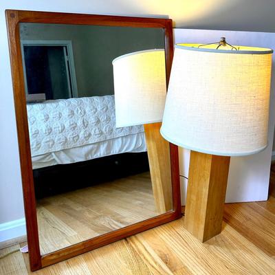 Danish Modern Wood Framed Mirror (23x31.5”) & Vintage Wood Block Lamp (28”H)
