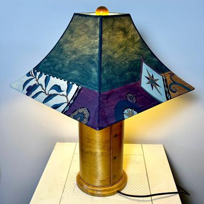 Handcrafted Wood Table Lamp with Painted Shade - 22”H