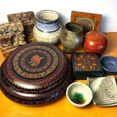 Lacquerware Boxes, Art Pottery, Carved Soapstone Bookends & More Decor 