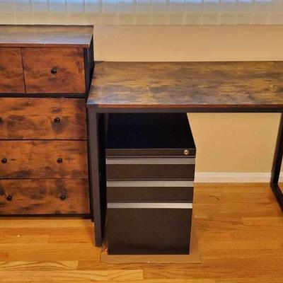 Desk, Storage Drawers & Three Drawer Metal Cabinet
