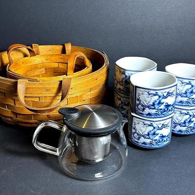 Dolphin “Dynasty Blue” Asian Teacups (6) 2 3/8”, Forlife Teapot & Longberger Baskets   