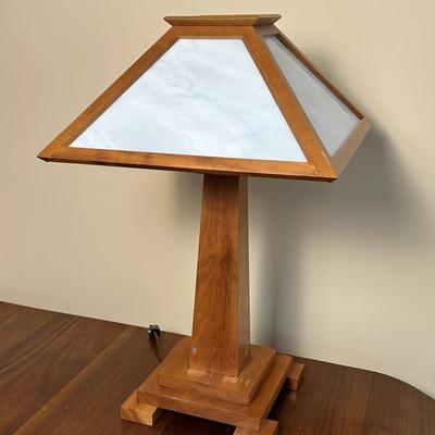 John Haight Studios Mission Style Slag Glass & Cherry Wood Table Lamp - 21”H