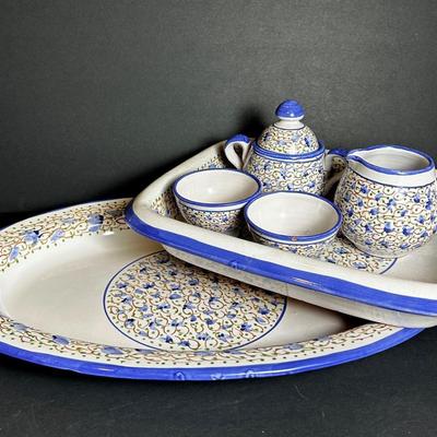 La Roye Vallauris Blue Floral Pottery Tableware - 18” Oval Dish, 13.5” Baker 