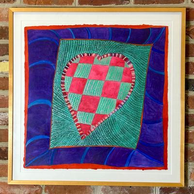 Framed Heart Watercolor & Ink Painting in the Style of Sara Schneidman, Unsigned - Framed 27X27”