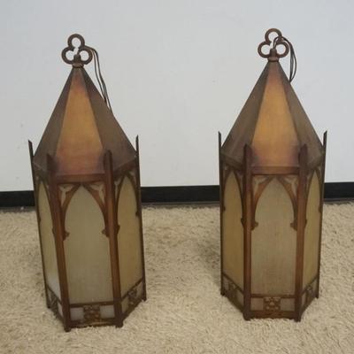 Sale Photo Thumbnail #247: 1245	PAIR OF GOTHIC METAL AND FROSTED GLASS HANGING FIXTURES, EACH APPROXIMATELY 12 IN X 38 IN H
